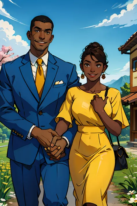 A dark skinned man and woman, shaking hands in agreement, smiling, hand in hand, background is springtime hills, mood is diplomatic, regulated, daytime light, character design.