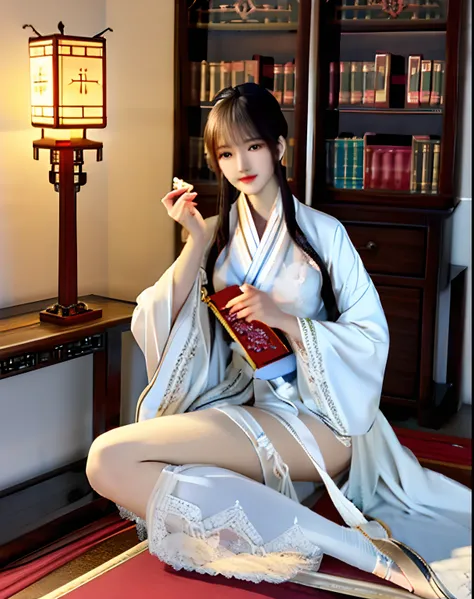 Best quality, Masterpiece, A high resolution, 1girll,Beautiful face,Chinese clothes,White Taoist robes,Being in the room,holding book,bookcase,oil lamp,Warm light，White lace suspender stockings，Ballet shoes，legs separated,The mouth opened slightly，Kneeling...