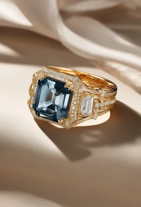 A close-up of the ring and ring shown on the table, jewelry photography, chaumet style, gemstones and gold, amber jewelry,Transparent columnar base，Light