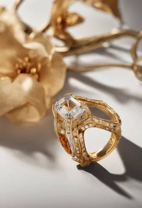 A close-up of the ring and ring shown on the table, jewelry photography, chaumet style, gemstones and gold, amber jewelry,Transparent columnar base，Light