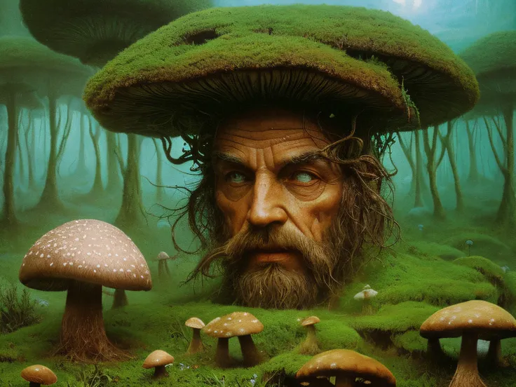 headshot picture of druid with head full of mushrooms lisegic detailed surreal dreamy epic psychdelic biomorphic intrincate back...