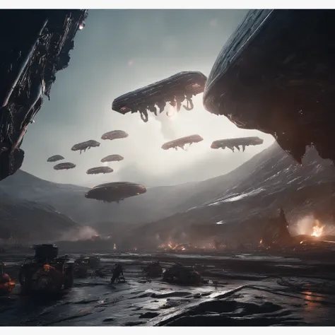 Cinematic scene，The spaceship was attacked, Dense warplanes,Destruction and volumetric lighting,Very detailed.)