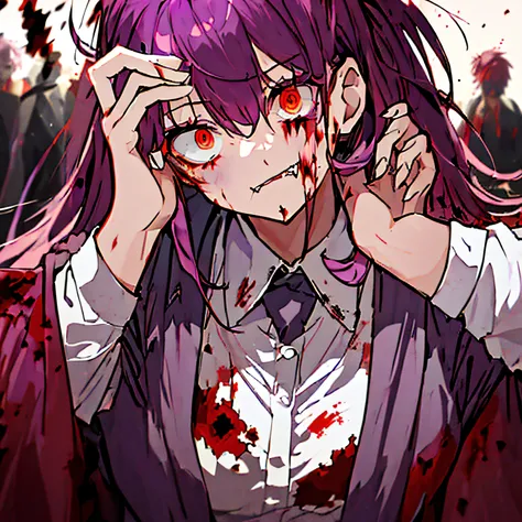 (((1 girl))), (solo)))), ((messy hairstyle)), (((red-purple hair)), red eyes, soft shirt with blood stains on face, torn clothes, glowing eyes, swirl eyes, evil, blood on the face, blood on clothes, blood, corpse, open blood basin, showing fangs, all zombi...