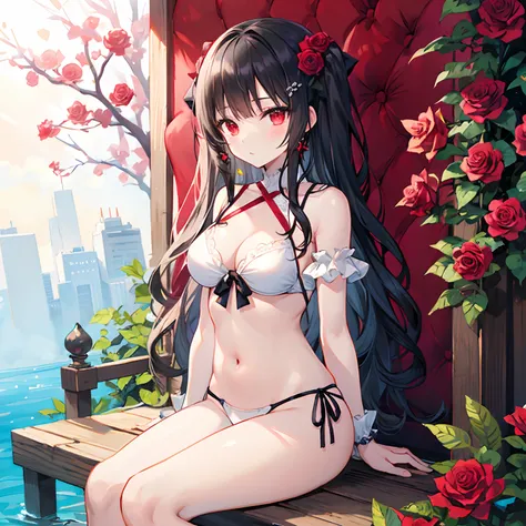 Wavy black hair、red eyes、Beautiful girl alone、a white bikini、Bright red rose garden、 sitting on