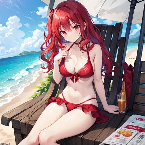 Wavy red hair、red eyes、Beautiful girl alone、red bikini、sitting on、gravure、the beach