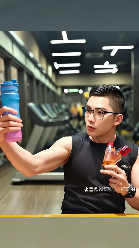 there is a man holding a bottle and a water bottle in his hand, in a gym, inspired by Ding Yunpeng, ren heng, li zixin, shot on nikon z9, yanjun chengt, workout, fanart, photo taken with nikon d 7 5 0, photo taken with nikon d750, by Kanbun Master, on amin...