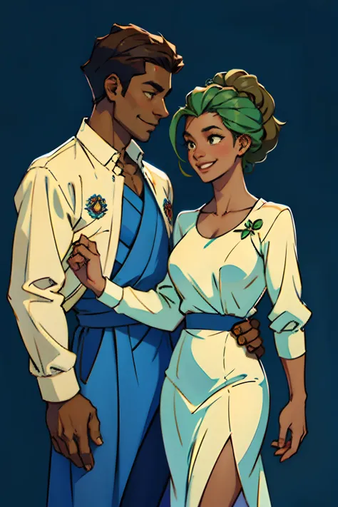 A dark skinned man and woman, smiling and greeting each other with a hand shake, background is springtime hills, mood is diplomatic, regulated, daytime light, character design.