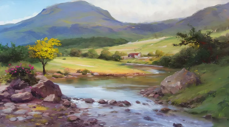 pintura de uma pequena casa , with a stream running crystal clear waters, montanhas ao fundo,super realista,8k