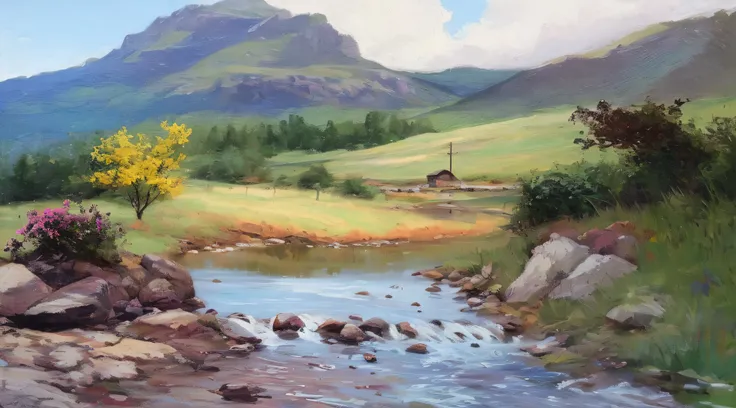 pintura de uma pequena casa , with a stream running crystal clear waters, montanhas ao fundo,super realista,8k