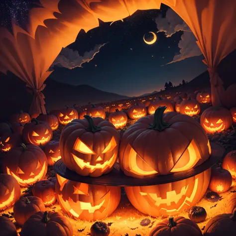 a Halloween vector background with a pumpkin patch bathed in the glow of jack-o-lanterns and a starry night sky