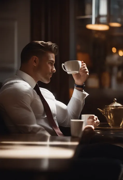 1man, 
a 30 y.o muscular male wearing long-sleeve white shirt and tie, drinking coffee,
soft lighting, 
masterpiece, best quality, 8k uhd, dslr, film grain, Fujifilm XT3 photorealistic painting art by midjourney and greg rutkowski