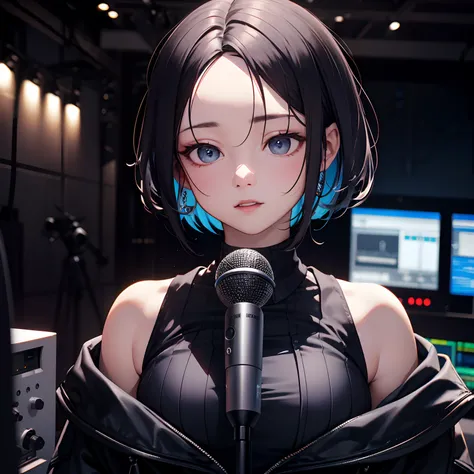 FM Radio Studio Stations, Speak into the microphone, Realistic, Full-HD, 。.。.3D, 4K、veryshorthair、Forehead、Adult woman、Blue-gray eyes、Dark gray hair