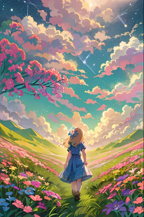 There is a girl standing in a flower field and looking up at the sky, Girl Standing In A Flower Garden, girl walking in flower field, Lost in Dreamy Wonderland, stands in a flowering field, Awesome digital painting, Sky is Xu々It will be sunny to, Starry sk...