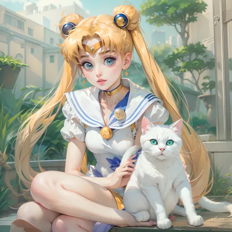 sailor moon, sitting with her white cat