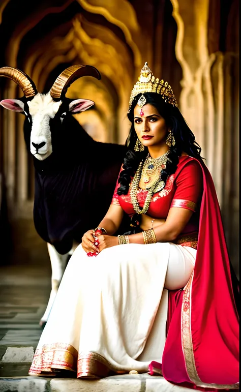 a woman sitting on a throne with a Long Horns Indian sheep behind her, cinematic goddess shot, gorgeous goddess of leo, cinematic goddess close shot, Cinematic Goddess Body Shot, Indian Goddess, Regal Pose, imagem promocional do filme, Um retrato impressio...