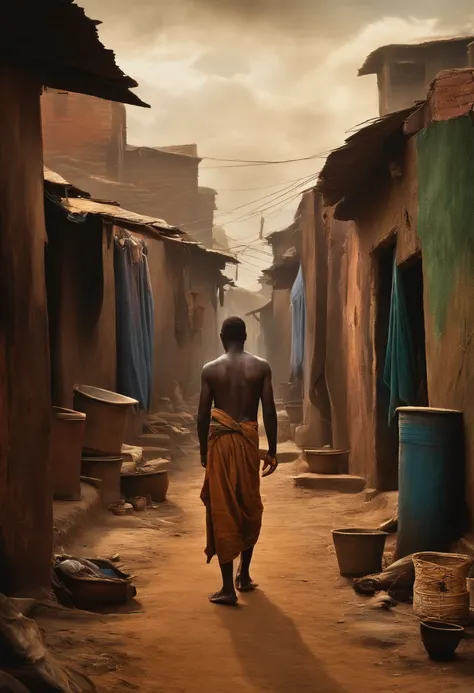 Depiction of a slave man standing alone in a slum