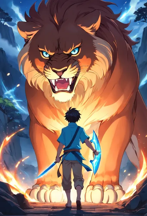 The male protagonist of a domineering fantasy novel,against giant bluefire lion,axe,volcanic background,holding shining fork,lioan has scar,