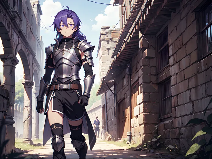 Ultra High Definition, Ultra High Quality, Extremely Detailed, 8k, 1 Boy, Rudeus Greyrat From Mushoku Tensei Anime, Handsome, Armored With War General Armor, Pure Purple Pupil Eyes, Long Haired Tied With Chinese Hairpin, Body To Legs Body Shot, Ancient Rui...