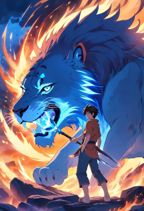 The male protagonist of a domineering fantasy novel,against giant blue fire lion,axe,volcanic background,holding shining fork,lioan has scar,