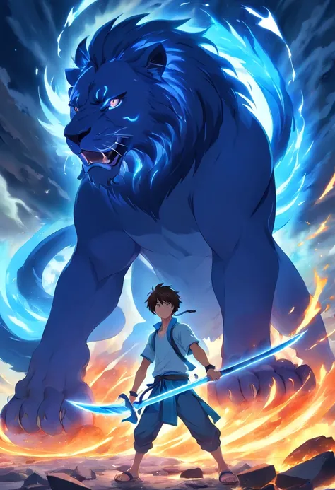 The male protagonist of a domineering fantasy novel,against giant blue fire lion,axe,volcanic background,holding shining fork,lioan has scar,