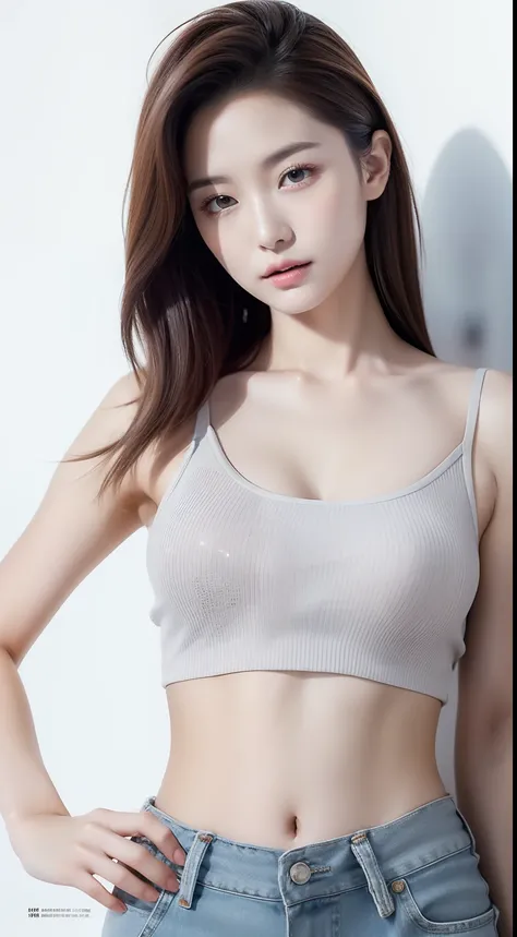 realistic photos of 1 cute Korean star, streaked hair, white skin, thin makeup, 32 inch breasts size, wearing gray crop top, shorts, reading magazine, in the shop, upper body portrait, sparkle, UHD