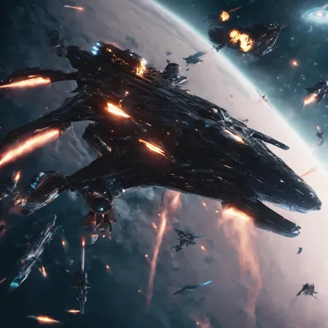 Movie space battle scene， (Dense warplanes attack spaceships:1.2),Destruction and volumetric lighting,Very detailed.)