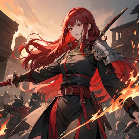 (masuter piece,Best Quality,Ultra-detailed), 1womanl, female focus on, 独奏, red hairs, Long hair with fringe, red eyes, Look at viewers, Genuine leather sword belt, Seven Swords, Nickname of the Seven Swords,a closed mouth, bangss, Fantasy aesthetics, Femal...