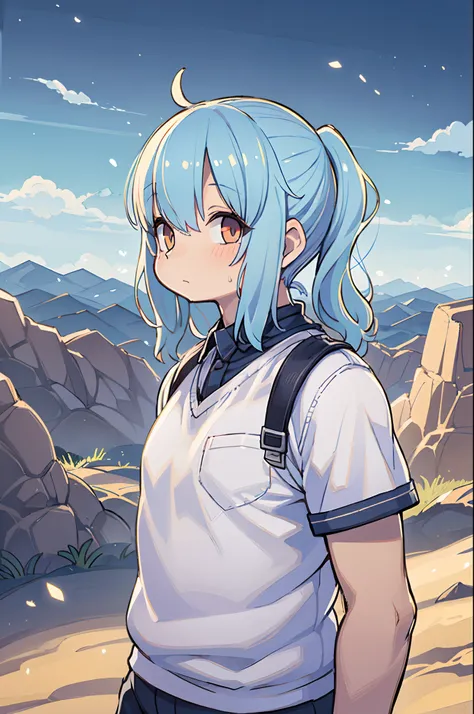 beautifully drawn, High quality, Super detailed CG illustration of a young man with a calm expression, Staring into the distance with light blue hair gently swaying in the desert breeze. The view behind him is vast and breathtaking, Draw viewers into a wor...