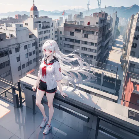 18 year old female, silver hair, red eyes, long hair, large breasts  Wearing a white shirt and shorts, standing on the school rooftop.