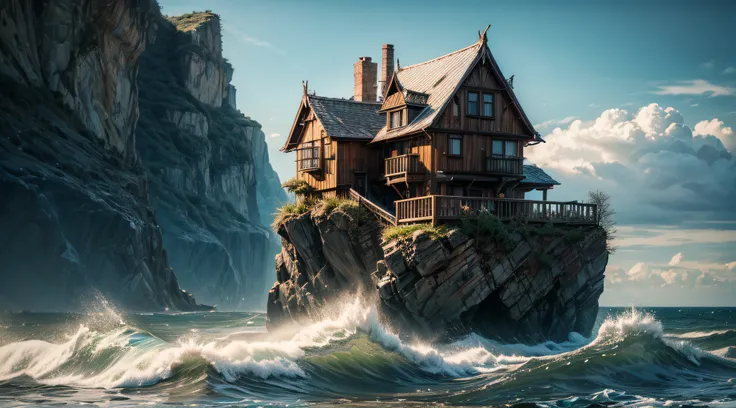 Make A Haus by a Wild Sea using BioMorphism,best quality,4k,8k,highres,masterpiece:1.2,ultra-detailed,realistic:1.37,HDR,UHD