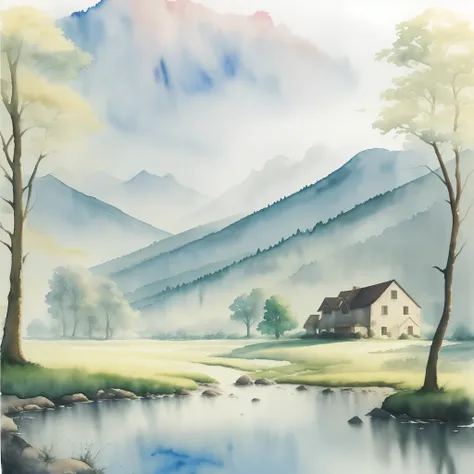 Watercolor of A very beautiful landscape, charming and picturesque, like a piece of art