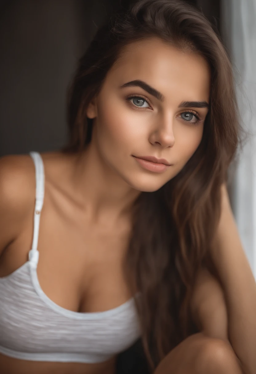 Arafed younger woman 14 years old with matching tank top and panties, fille sexy aux yeux bruns, cheveux bruns et grands yeux, selfie of a young woman, Yeux de chambre, sans maquillage, maquillage naturel, looking straight at camera, Visage avec Artgram, M...