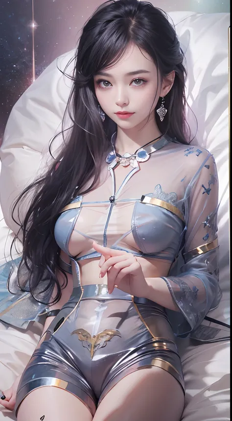 1girll,（enchanced quality：1.4），（Top quality true texture skin), Delicate face,Black hair, Gradient hair, Petite body,（perfect bodies：1.1）, There are precious stones on the forehead, rimless eyewears, Sparkling pupils，long eyelasher,grin, hyper photorealism...