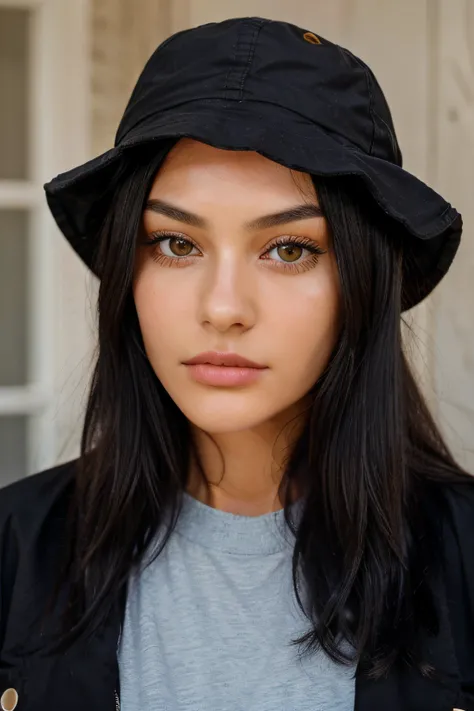 A 23-year-old woman with black hair and wearing a bucket hat hat, Looking directly into the camera. His expression is one of anger and fury, Explore the details of your appearance, emphasizing dark hair and distinctive hat style. Capture the expression on ...