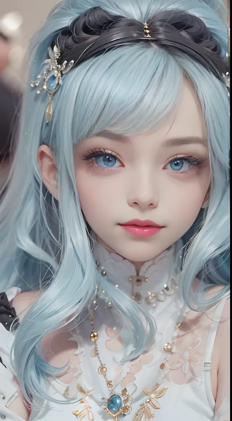 1girll,（enchanced quality：1.4），（Top quality true texture skin), Delicate face,Black hair, Gradient hair, Petite body,（perfect bodies：1.1）, There are precious stones on the forehead, rimless eyewears, Sparkling pupils，long eyelasher,grin, hyper photorealism...