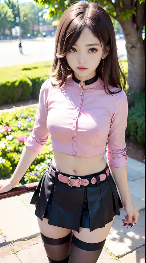 (((tmasterpiece, Better quality, A high resolution, hmeliza, 1girll, hair on one eye, jewelry, single thighhigh, midriff, Black skirt, asymmetrical legwear, Pink shirt, black thighhigns, belt, Miniskirt, standing, Cowboy shot, Outdoors, submission, flower ...