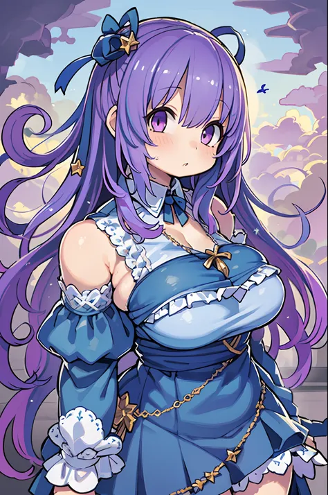 (Extremely detailed, Best Quality), floating, A very delicate and beautiful dreamlike scene,, , [(1girl in),(long purple hair), Detailed face, Neck ribbon, elegant blue dress, Stand on the clouds, (Wide Shot), (Mysterious atmosphere):1.5],, , [(Butterfly w...