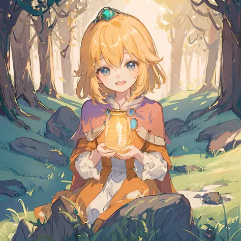 Sticker, anime girl with a lantern in her hand sitting in the woods, portrait of a forest mage, official art, digital anime illustration, anime fantasy illustration, forest soul, blonde - haired princess, official artwork, portrait knights of zodiac girl, ...