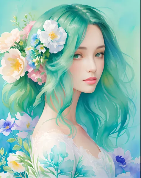 watercolor painting of a green-eyed young woman with a flowered head and a green background, long eyelashes, (looking at me, eye contact), wind-blown hair, painterly watercolor illustration, (vibrant colors), high detail, woman in flowers, an expressive di...