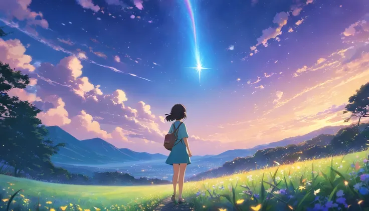 Makoto Shinkai, Expansive landscape photograph , (View from below，Displays the sky above and the clearing below), a girl standing on flower field looking up, (full moon:1.2), ( meteors:0.9), (Starcloud:1.3), Far Mountain, Tree BREAK Production Art, (Warm l...