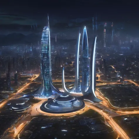 masterpiece, super detail, high quality, award winning, 8k, photorealistic, future landmark tower, is lit up, in the metropolis of the future, port city, from below, futuristic, Taking advantage of curves, at night