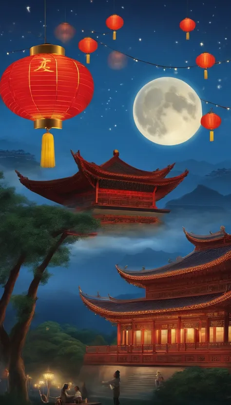 national day,mid-autumn festival,airplane,massive fireworks display,taking off,full moon and lanterns,joyful celebrations,crowds of people,red lanterns,fireworks illuminating the night sky,aircraft in flight,mooncakes and tea,traditional costumes,dazzling ...