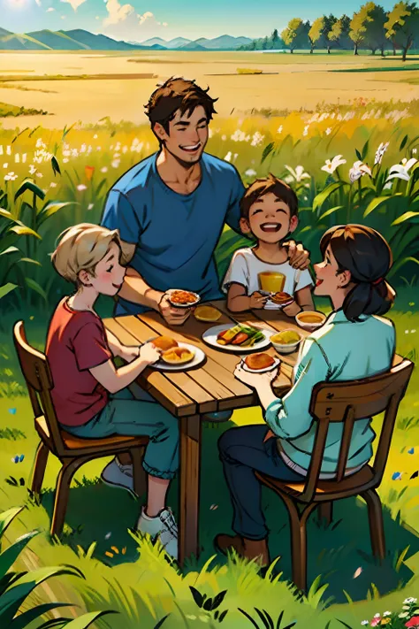 A happy family, having lunch at a picnic table, background is corn field, mood is happy, appreciative, progressive, daytime light, character design.