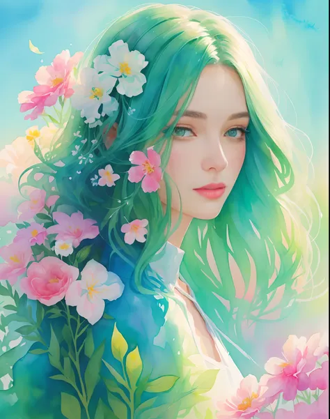 watercolor painting of a green-eyed young woman with a flowered head and a green background, long eyelashes, (looking at me, eye contact), wind-blown hair, painterly watercolor illustration, (vibrant colors), high detail, woman in flowers, an expressive di...