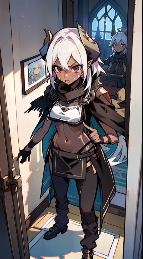 1girl 20 years,solo,((angry)),(((brown skin))),black and golden short armor,medium tits,white hair,short hair,red eyes,elves ears,black horns,black pantyhose,waist cape,yellow two-tailed scarf,Detailed,(((standing in front of a room inside a castle))),hd,m...