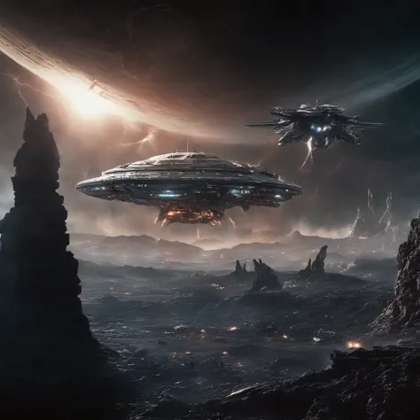 Movie space battle scene， Huge spaceships were attacked,blasts，Destruction and volumetric lighting,Very detailed.)