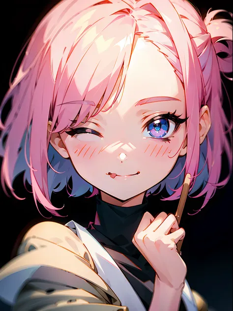 one girls,Woman, 10 years old, Short hair, bob cuts, Pink hair,cute anime face,Stick out your tongue and smile, Close one eye, absurderes, very precise details,