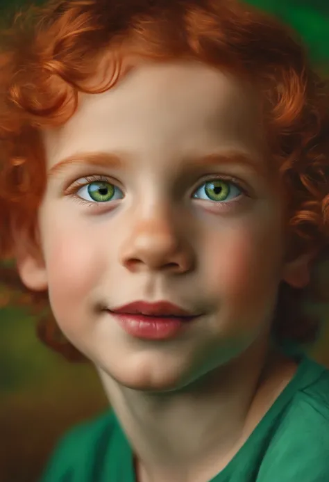 (A young boy with vibrant red hair and sparkling green eyes),portrait,(oil painting,gallery quality),(best quality,highres,ultra-detailed),(soft skin,rosy cheeks,expressive eyes),(youthful and energetic),(playful smile,happy expression),colorful background...