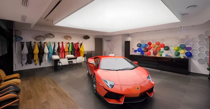 Ararfed view of a car in a showroom with a bunch of colorful balloons, carro esportivo no quarto, Estilo Lamborghini Ousado, Lamborghini, Obra-prima, rich vivid color, Obra-prima da luz brilhante, interior topo de gama, uma obra-prima impressionante, Obra-...