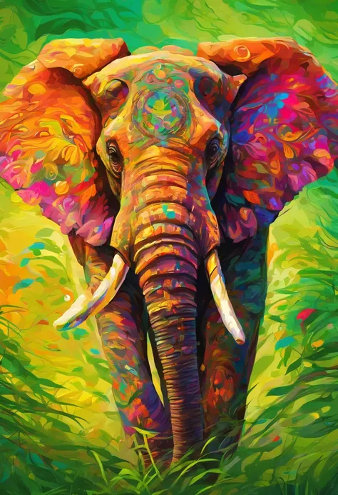 realistic elephant, detailed skin texture, massive body, long curved tusks, expressive eyes, elegant movement, vibrant colors, shaded by the trees, standing in a lush green grassland, under a golden sunset